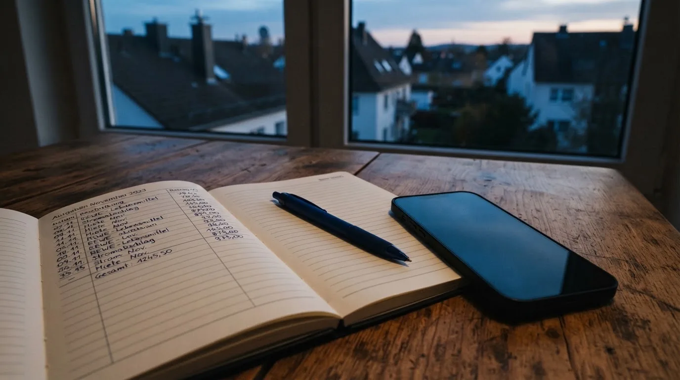 Ein Notizbuch mit handschriftlichen Zahlen liegt neben einem Smartphone mit dunklem Display auf einem Tisch, im Fenster Dämmerlicht.