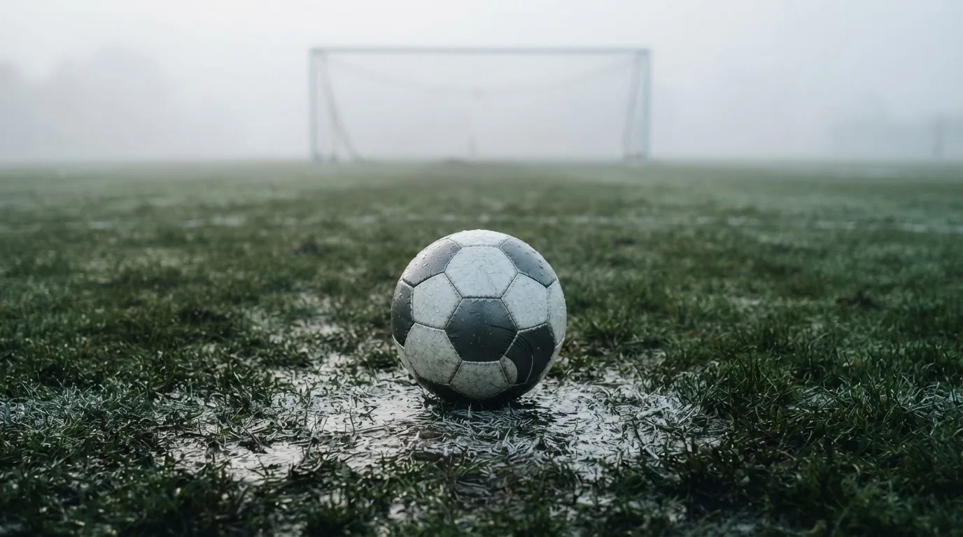 Ein Fußball liegt auf dem Elfmeterpunkt eines nassen Rasenplatzes, im Hintergrund ein leeres Tor im Nebel.