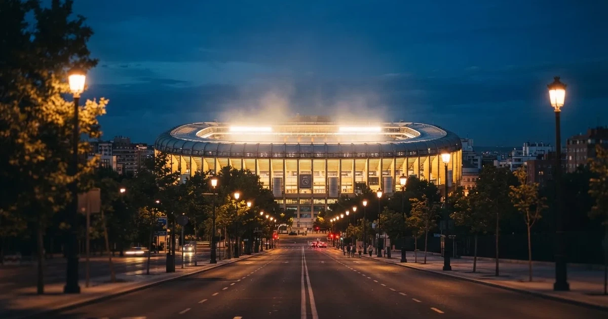 Ein großes Fußballstadion mit hell erleuchtetem Rund, aus der Ferne am Abend gesehen, davor eine breite Allee mit Laternen.