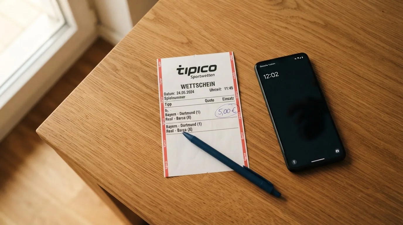 Ein leerer Papier-Wettschein und ein Kugelschreiber liegen auf einem Holztisch neben einem schwarzen Smartphone.
