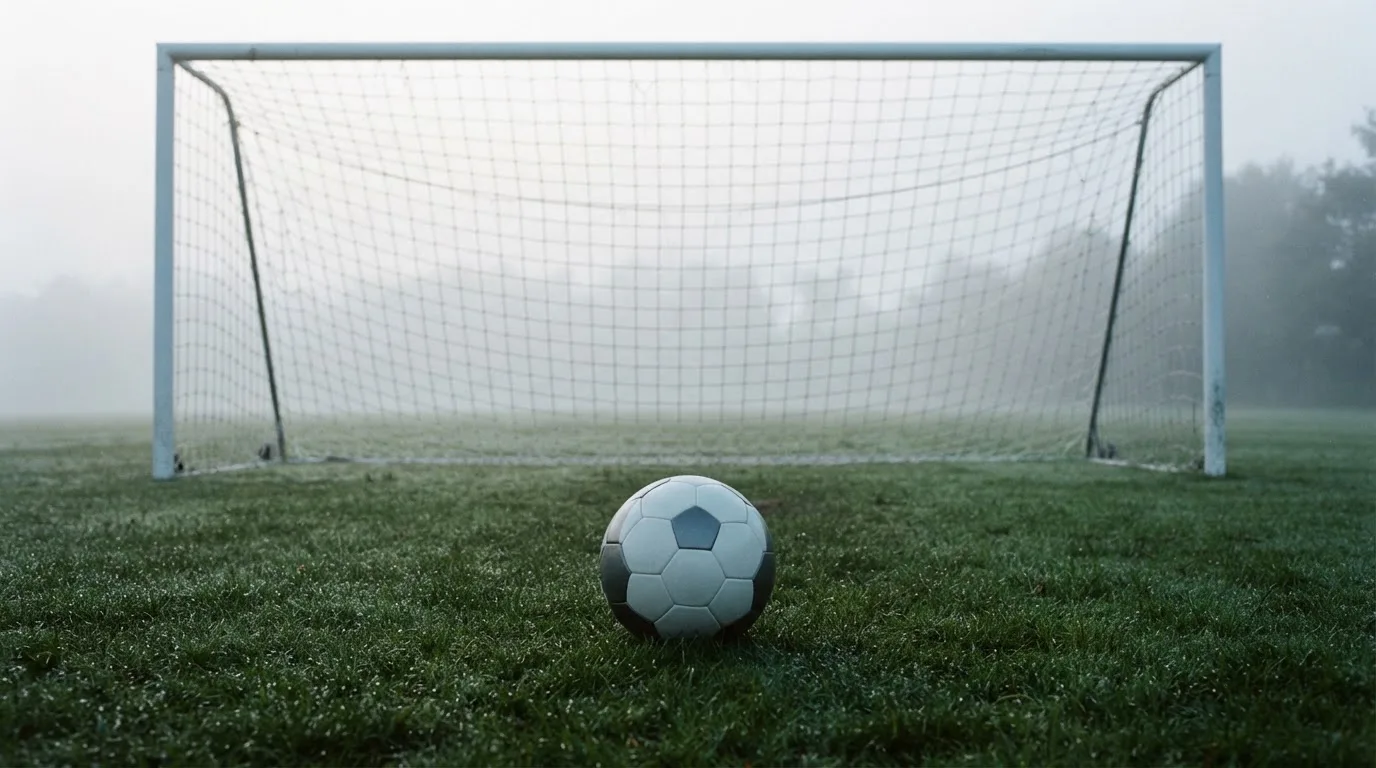 Ein Fußball liegt auf dem Rasen vor einem Tor im Morgennebel, die Netzmaschen sind taufeucht.