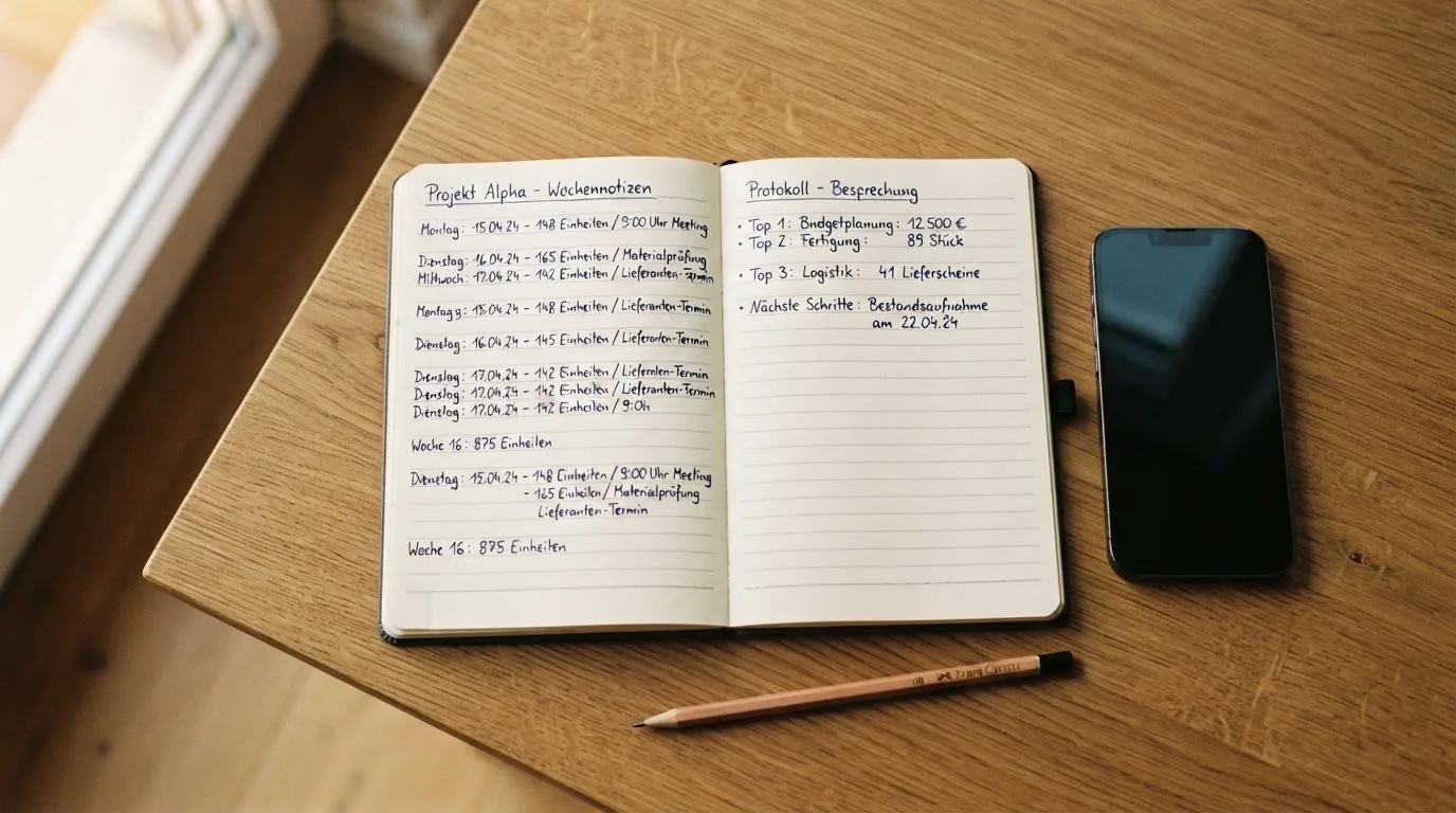 Ein Notizbuch mit handschriftlichen Zahlenreihen liegt neben einem Bleistift und einem Smartphone mit dunklem Display auf einem Tisch.