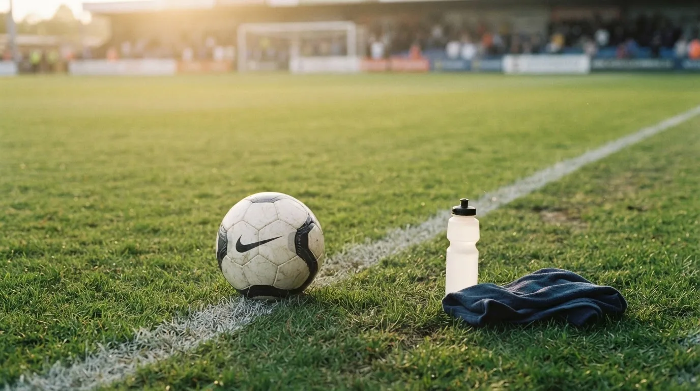 Ein Fußball auf einer Wiese neben der Seitenlinie, daneben eine Trinkflasche ohne Aufdruck und ein Handtuch.