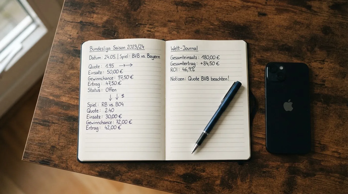Ein Notizbuch mit handschriftlichen Notizen und ein Taschenrechner liegen auf einem Schreibtisch neben einem Smartphone mit dunklem Display.