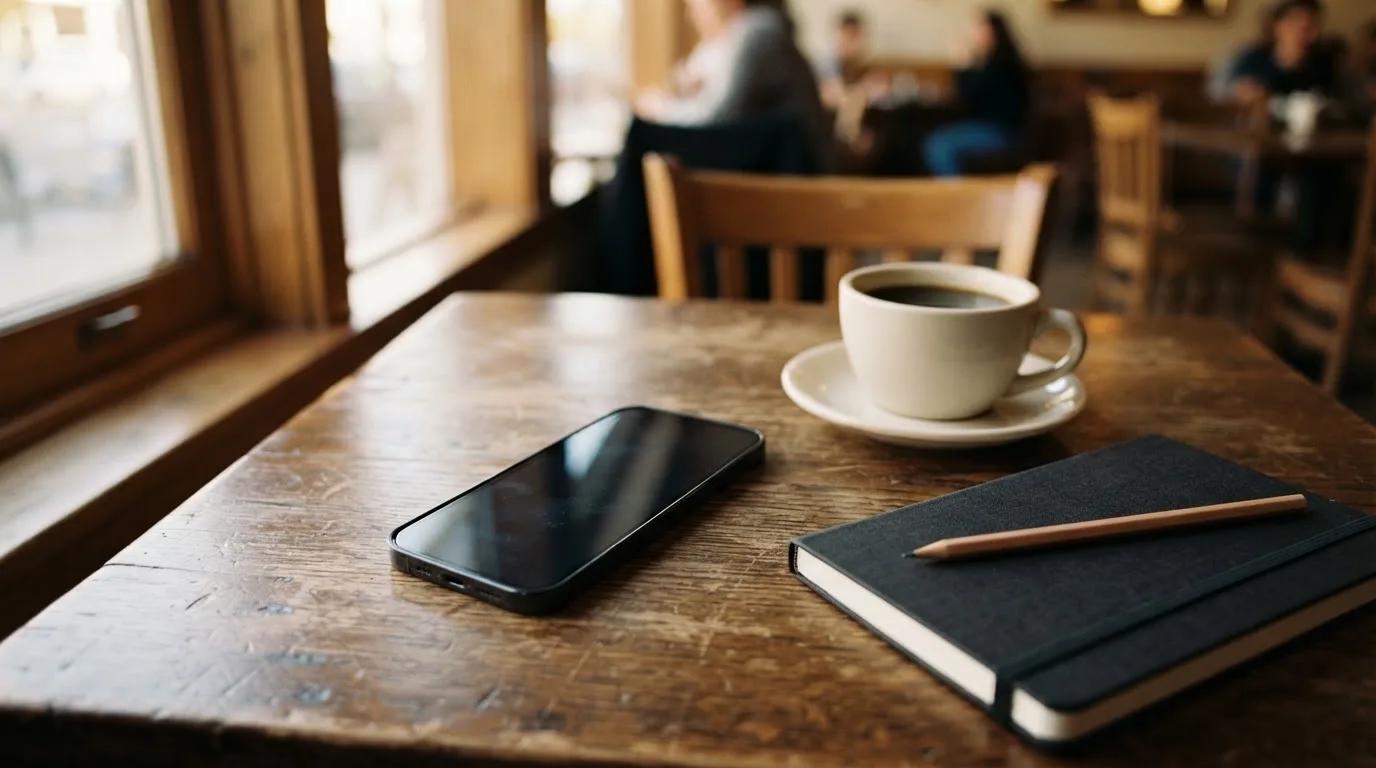 Ein Smartphone liegt mit schwarzem Display neben einer Kaffeetasse und einem Notizblock auf einem Café-Tisch.
