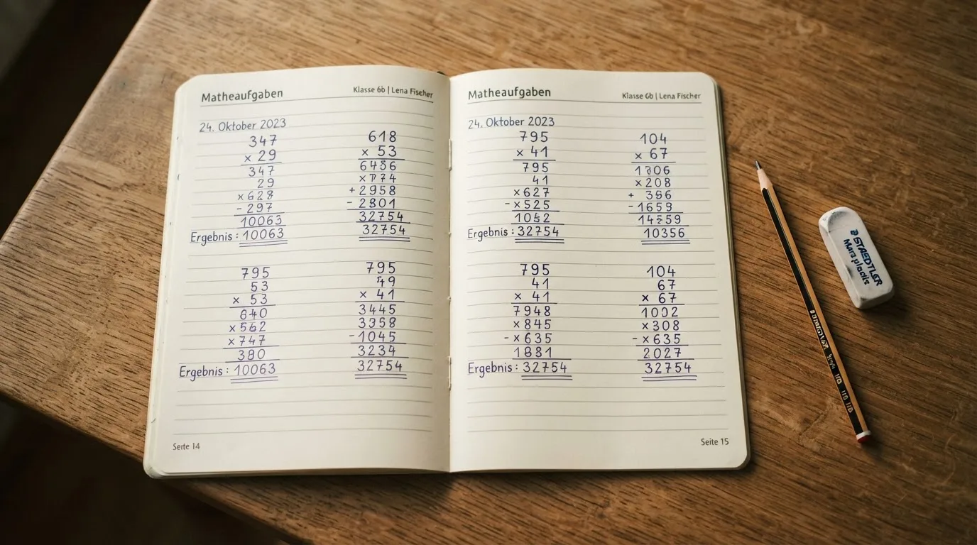 Ein Notizbuch mit handschriftlichen Multiplikationen liegt aufgeschlagen auf einem Holztisch, daneben ein Bleistift und ein Radiergummi.