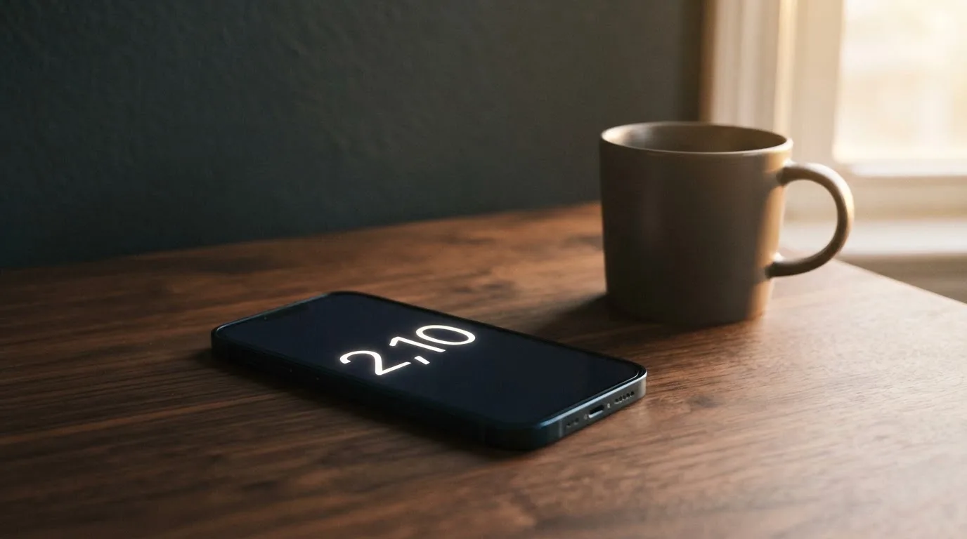 Ein Smartphone mit dunklem Display liegt neben einer Kaffeetasse auf einem Schreibtisch, durch das Fenster fällt Abendlicht.