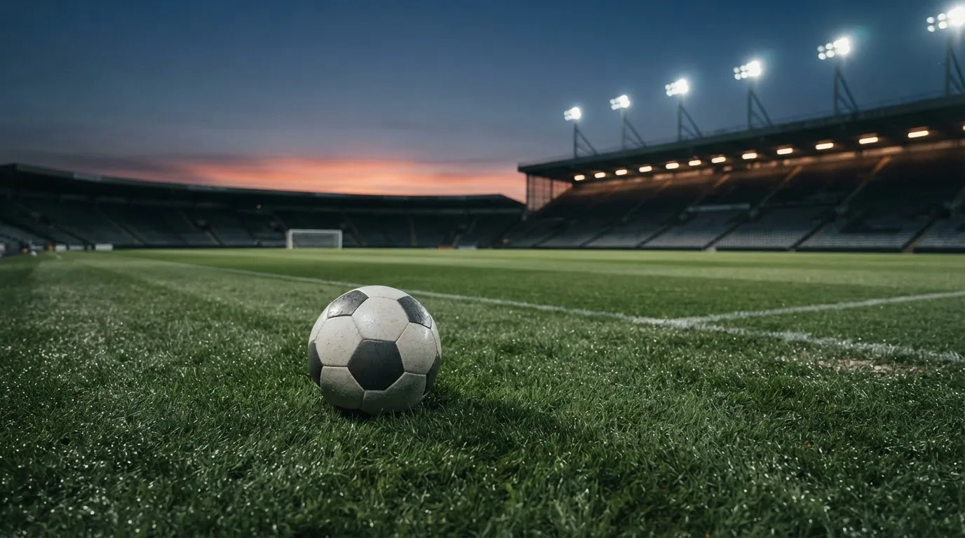Ein Fußball liegt auf einem Rasenplatz in der Dämmerung, im Hintergrund ein ferner Stadionrand unter Flutlicht.