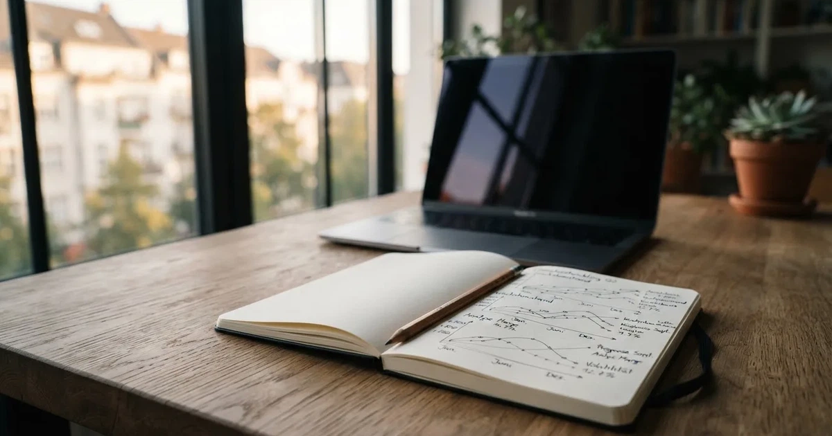 Ein Laptop-Bildschirm bleibt dunkel, davor ein Notizbuch mit handgezeichneten Kurven und ein Bleistift auf einem Schreibtisch am Fenster.