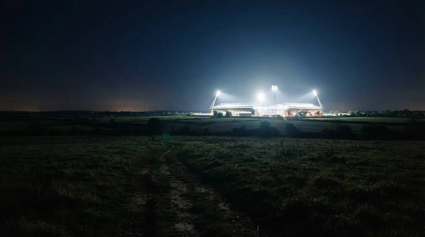 Ein Stadion unter Flutlicht von weitem gesehen, davor ein Feld und ein Feldweg im Dunkeln.